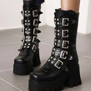 ROMWE 10 Buckle "Mixed Media" Platform Combat Boots (v-leather & textile) - NWT